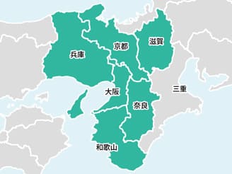 出張買取対応地域の地図、大阪府、兵庫県、京都府、和歌山県、奈良県、滋賀県